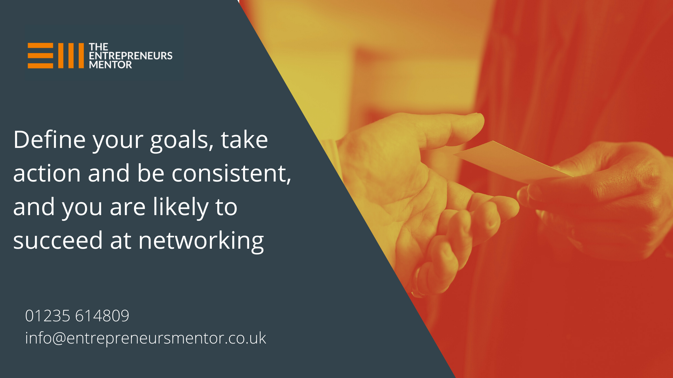 People exchanging business cards, with the words, define your goals, take action and be consistent, and you are likely to be successful at networking