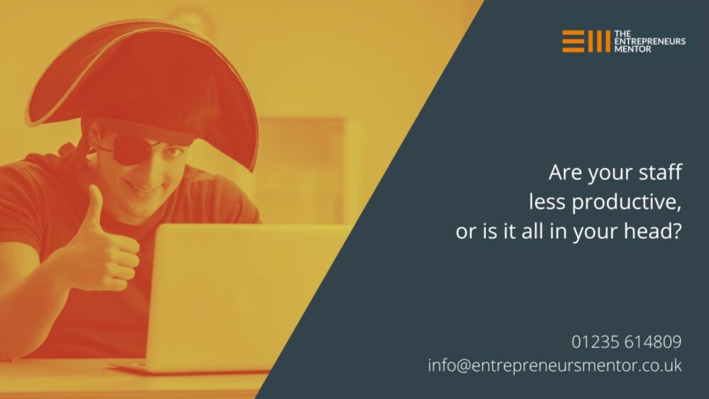 A member of staff at their computer, wearing a pirate hat. Not looking very productive! The words say, 'Are your staff less productive, or is it all in your head?'