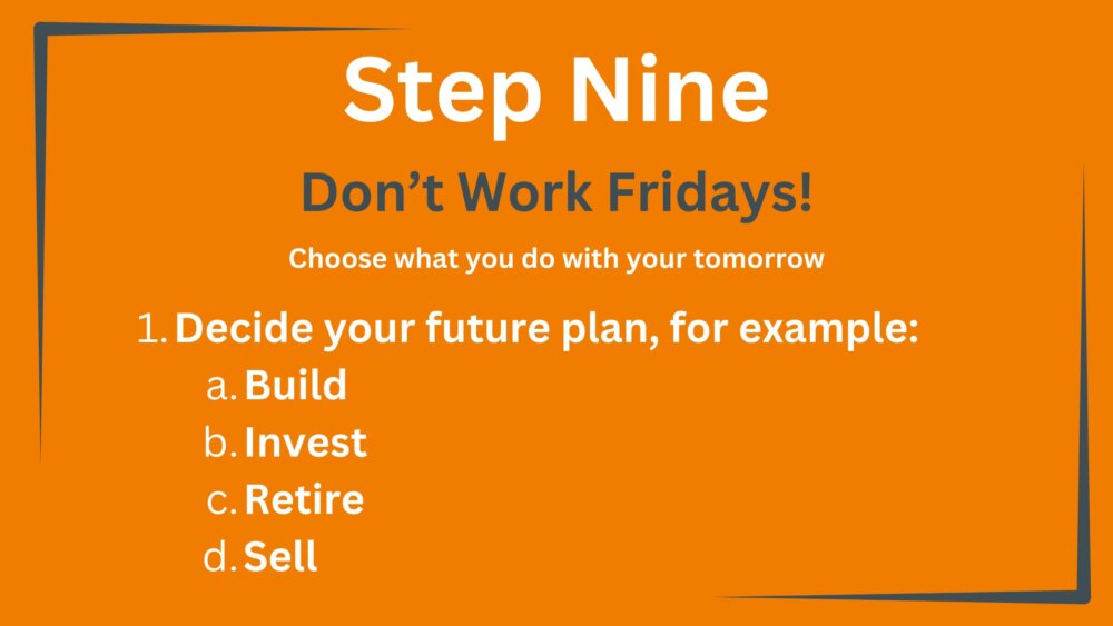 Step Nine in more detail. Don't work Fridays, with 3 bullet points.